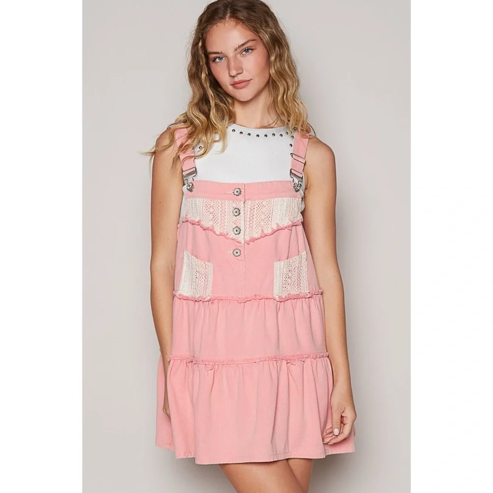 Pink Denim & Crochet Patch Tiered Skirtall Mini Dress - Picture 3 of 8